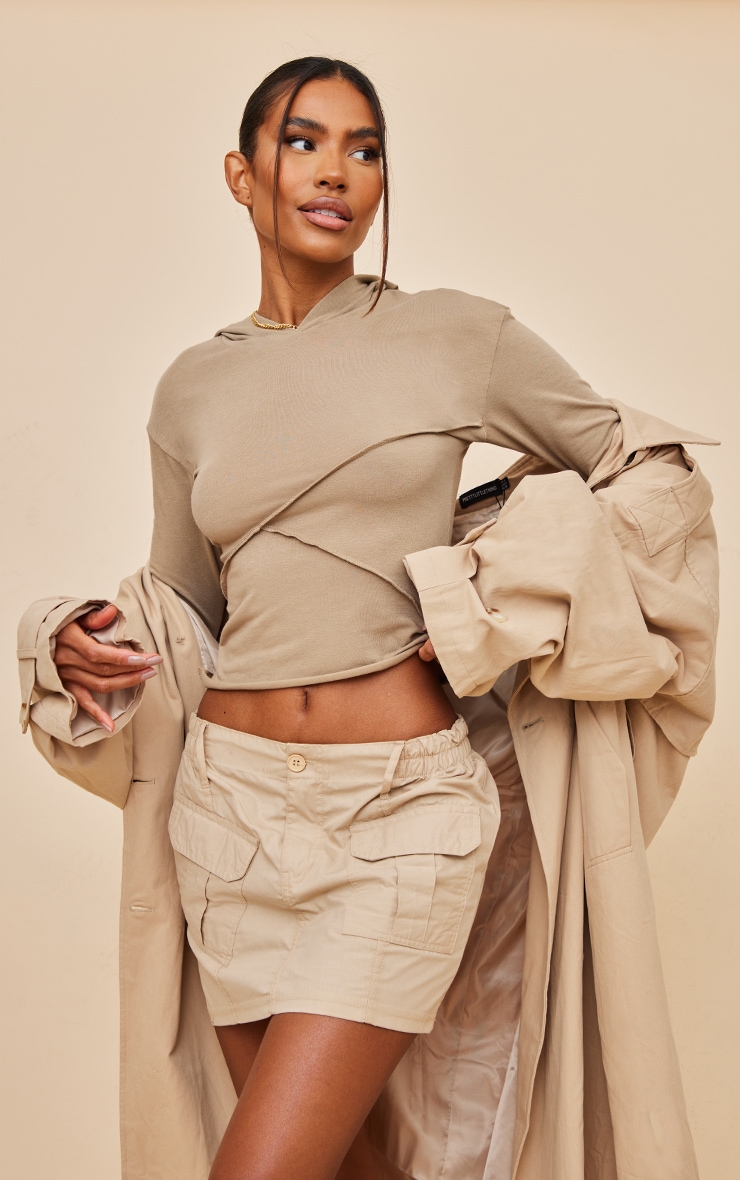 Taupe Contrast Seam Asymmetric Jersey Hoodie