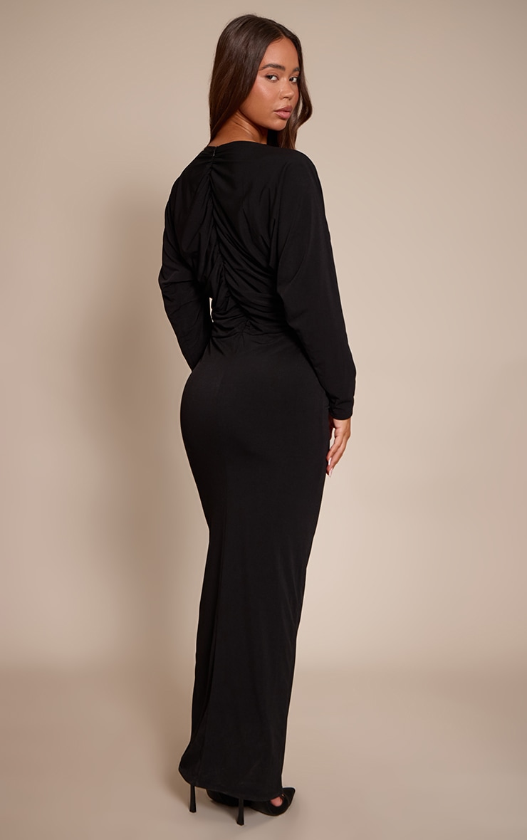 PLT Label Black Slinky Ruched Plunge Batwing Maxi Dress image 2