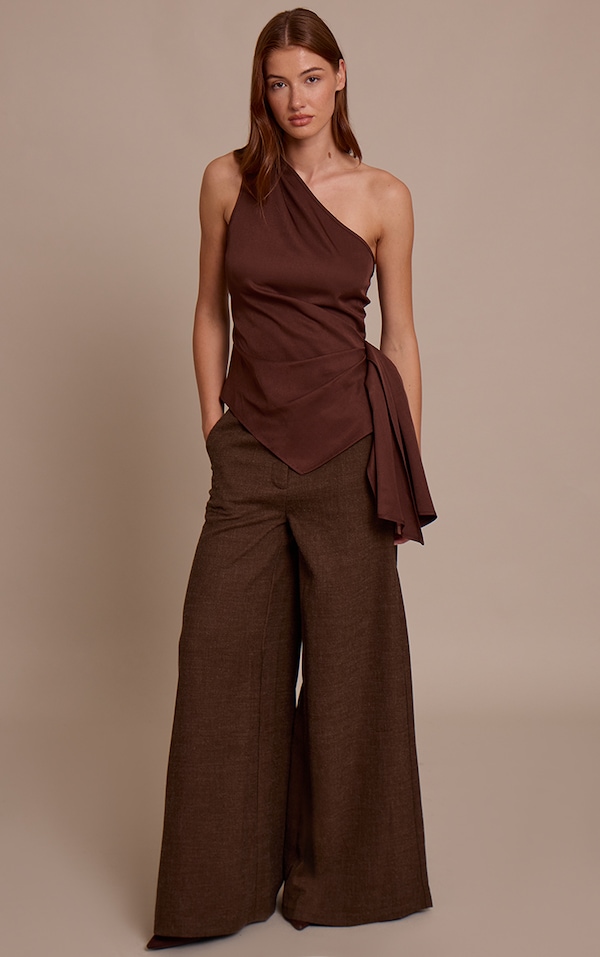Dark Chocolate Woven One Shoulder Drape Detail Top
