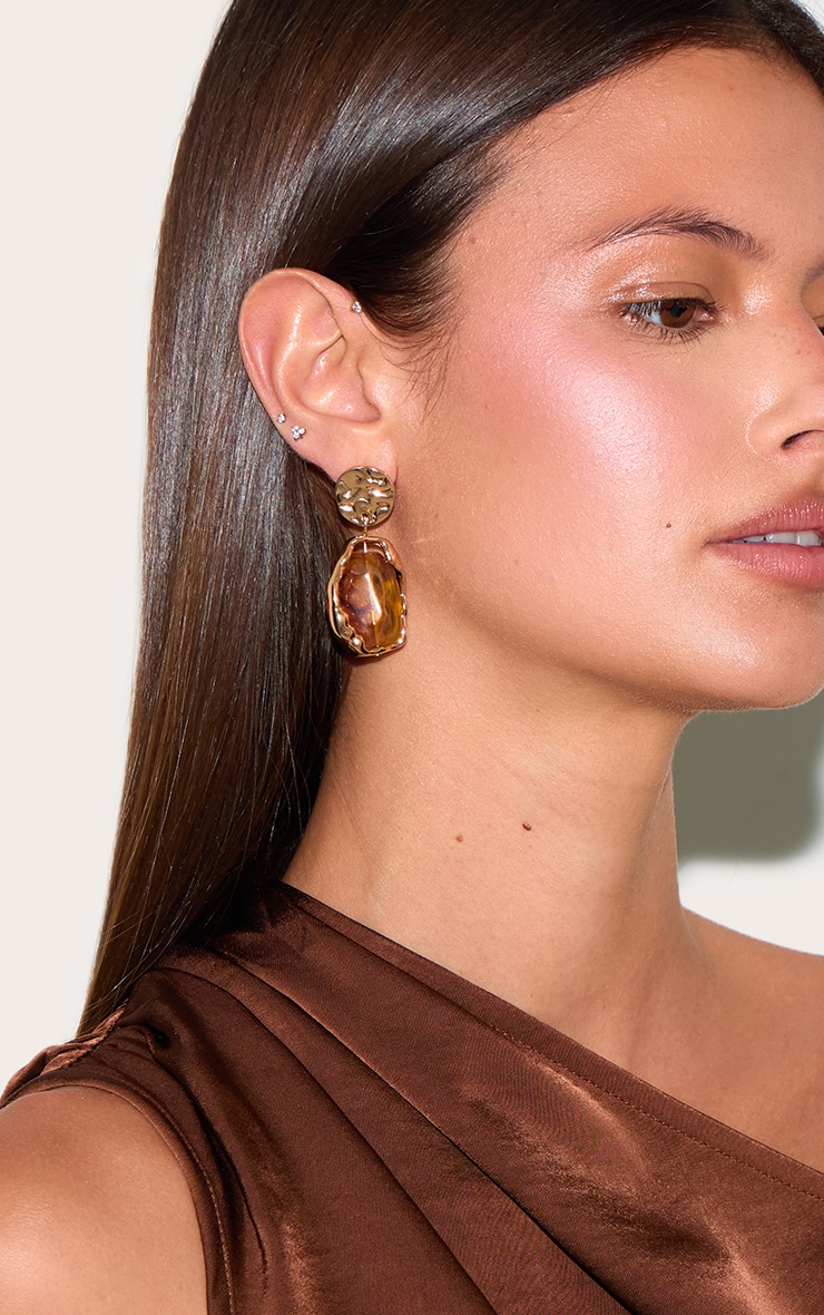 Gold Textured Amber Statement Earrings image 1