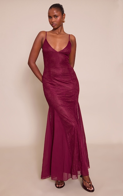 Wine Lace Godet Detail Maxi Dress