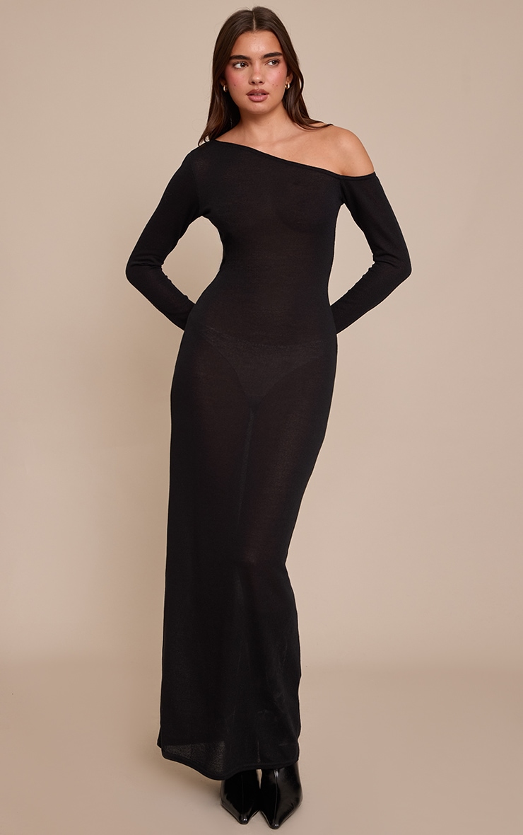 Black Textured Jersey Asymmetric Long Sleeve Maxi Dress image 1