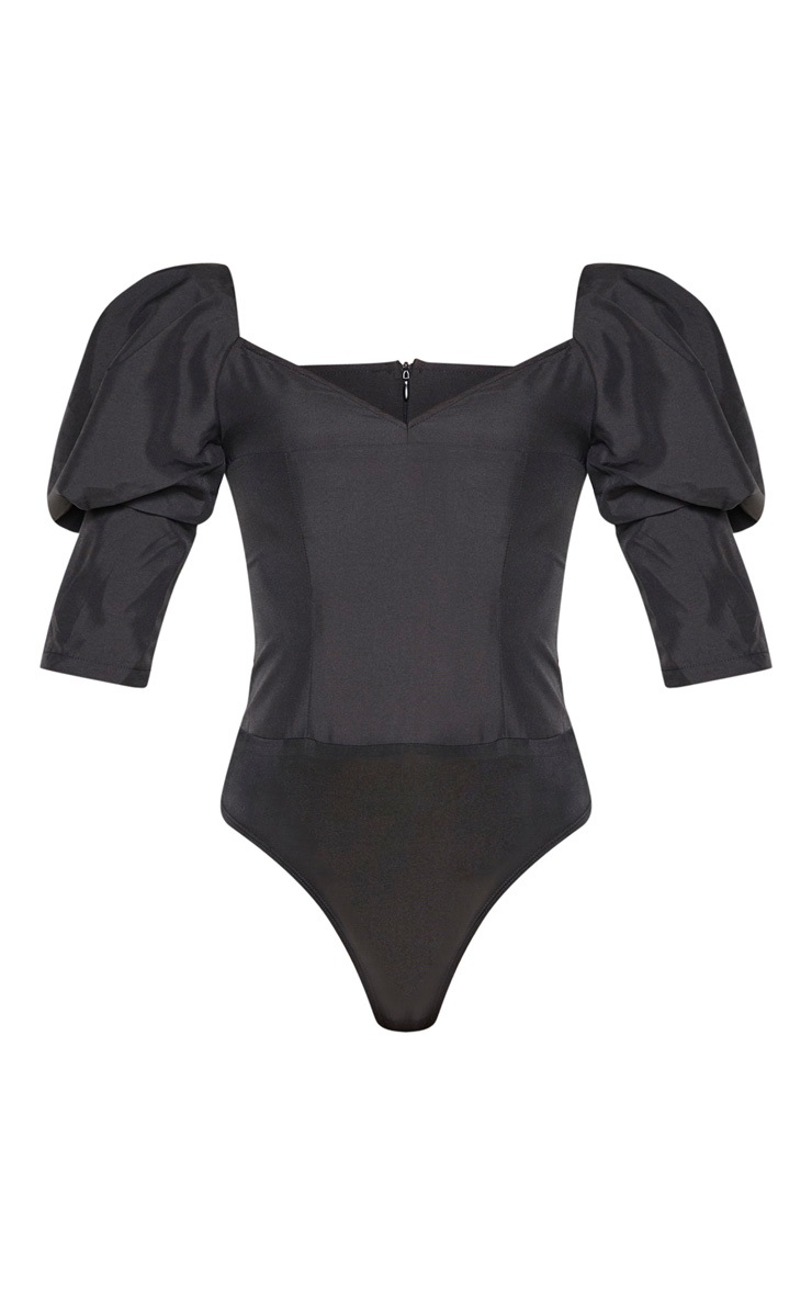 Black Woven Puff Sleeve Bodysuit Tops PrettyLittleThing IE