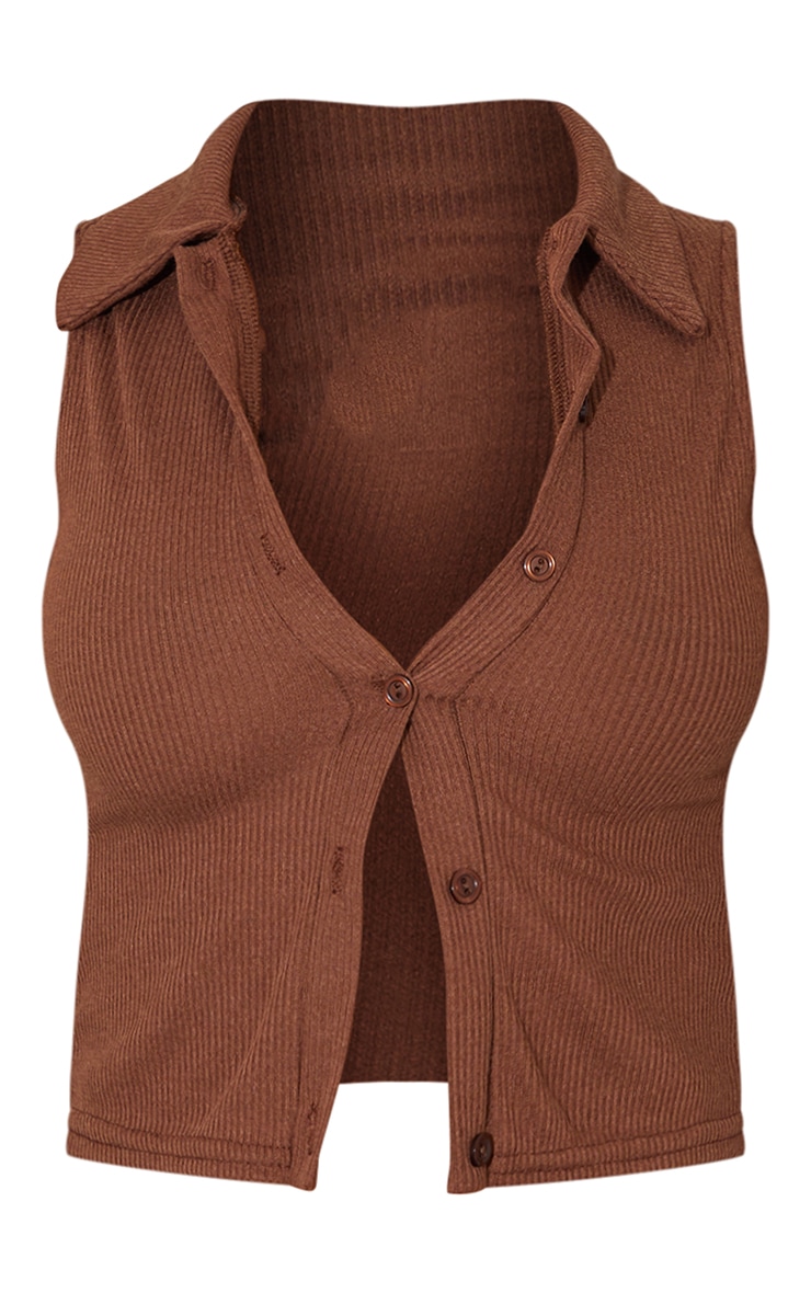 Dark Brown Ribbed Collar Detail Sleeveless Button Front Top image 5