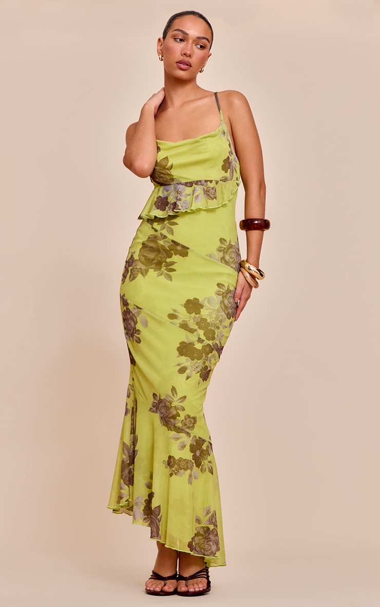 Green Floral Mesh Frill Cowl Back Maxi Dress image 1
