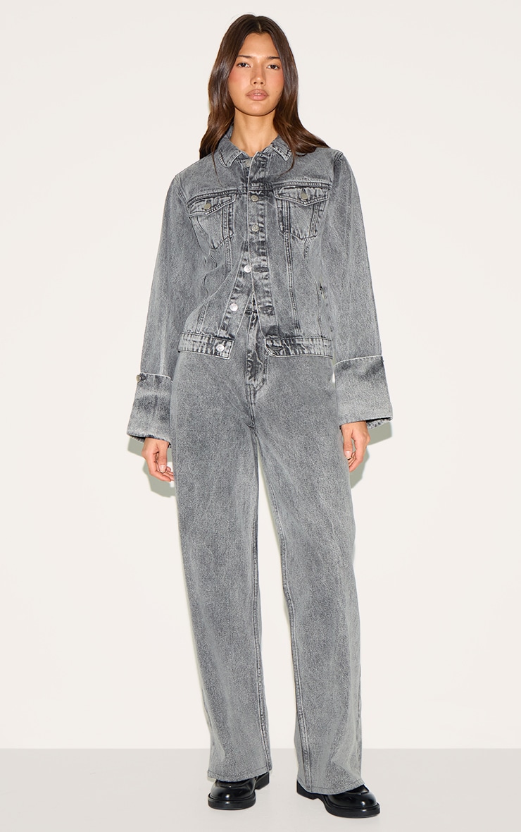 Ice Grey Turn Up Cuff Cinched Back Denim Jacket image 3