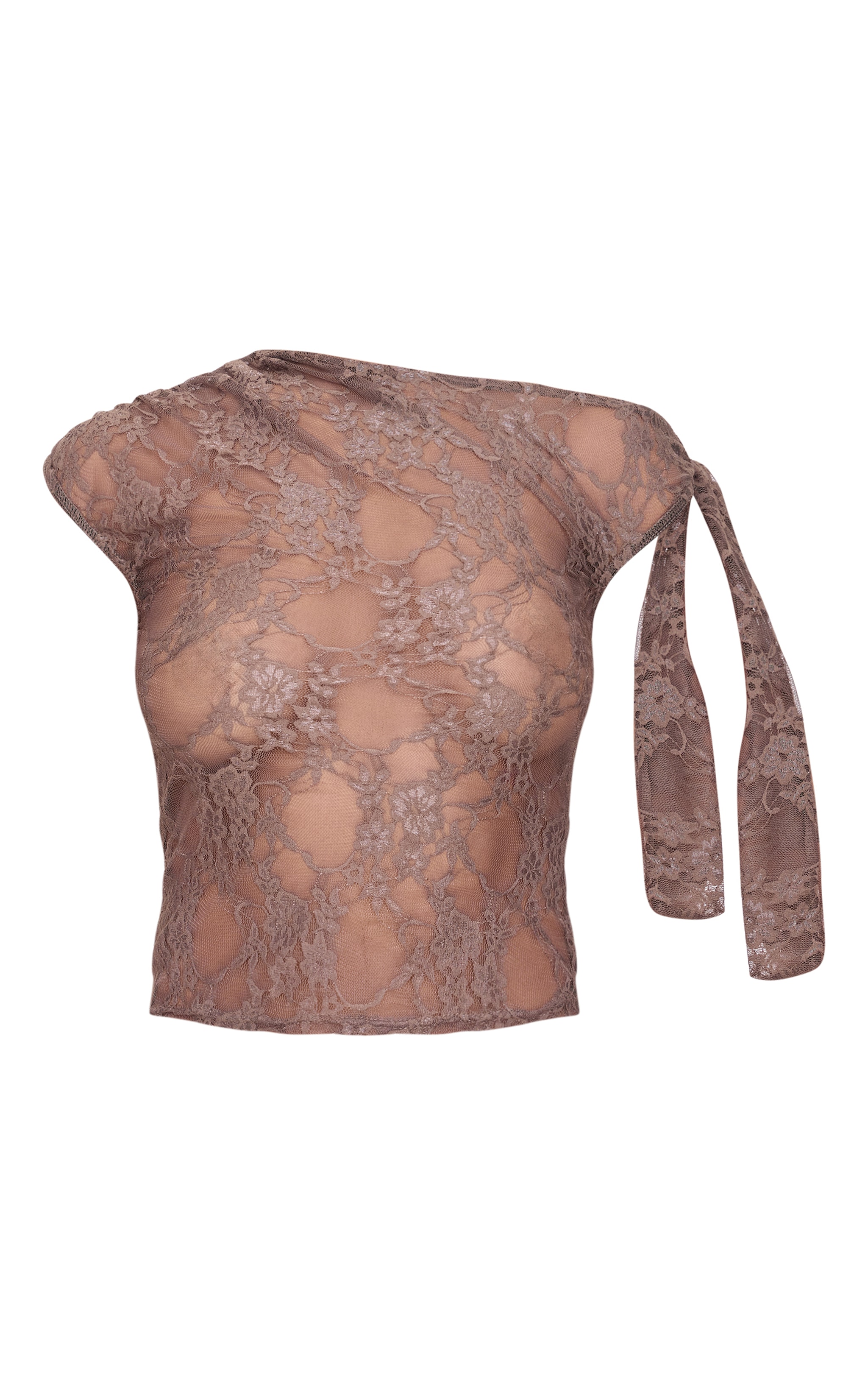 Brown Lace Detail Tie Shoulder Asymmetric Long Top image 5