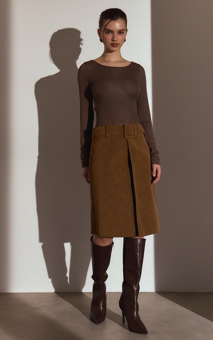 Light Brown Soft Faux Leather Belted Midi Skirt image 2