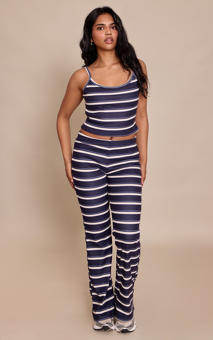 Petite Navy Stripe Mid Rise Flare Pants image 1