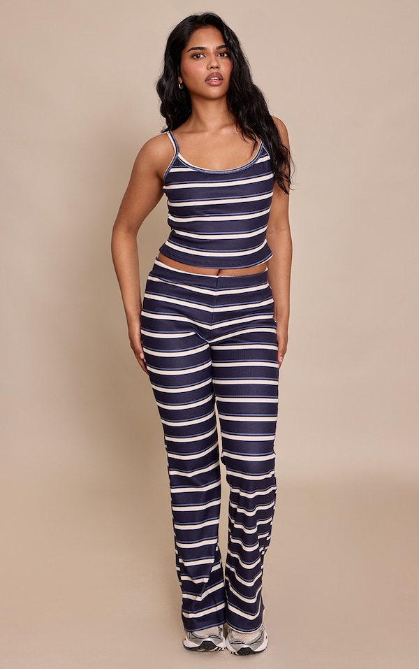 Petite Navy Stripe Mid Rise Flare Pants 