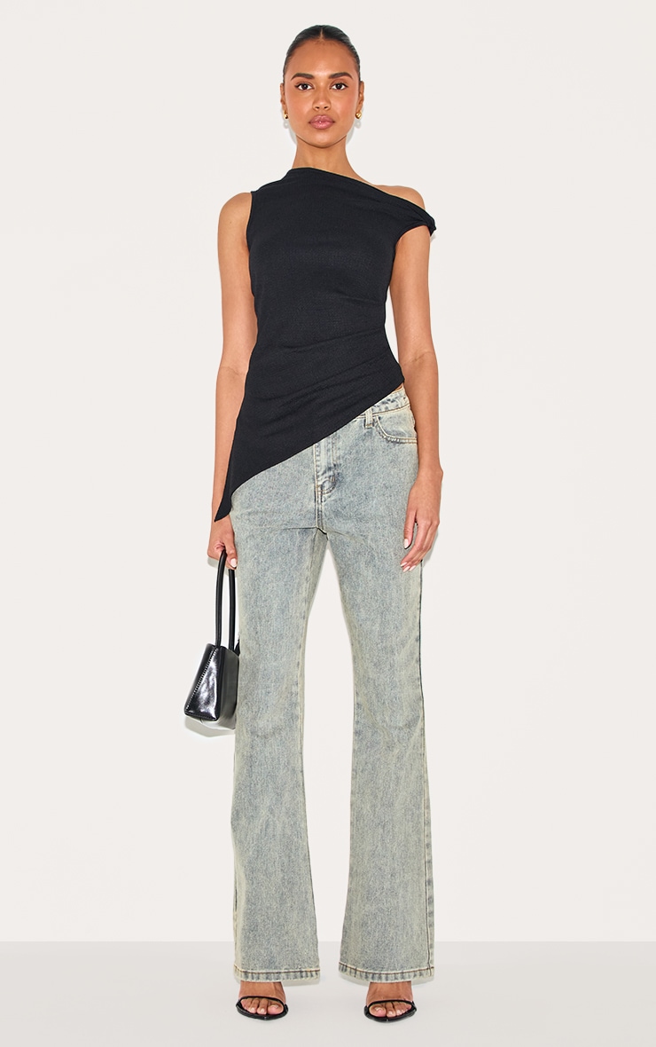 Black Textured Rib Twist Detail Asymmetric Longline Top image 3