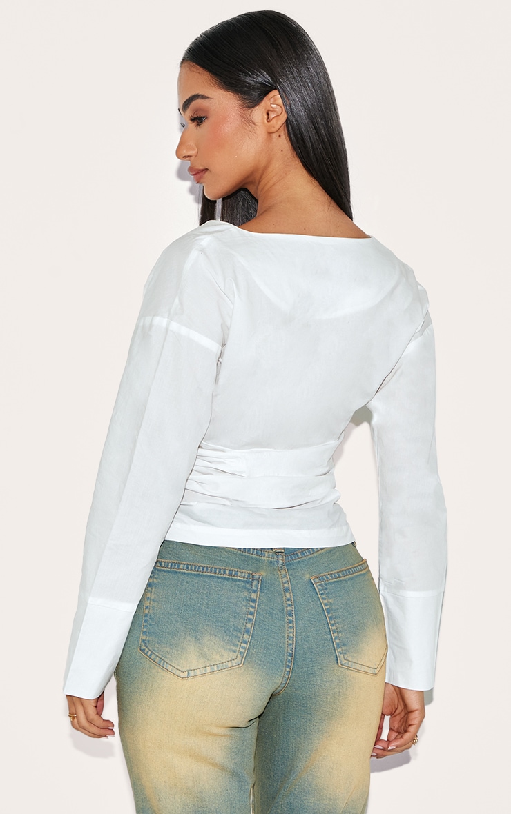 Petite White Fitted Ruched Waist Shirt image 2