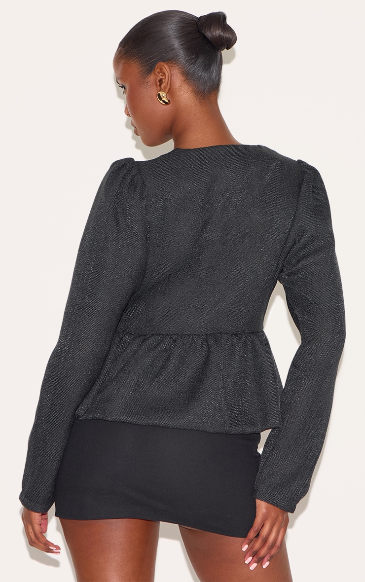 Black Button Up Peplum Balloon Sleeve Jacket image 2
