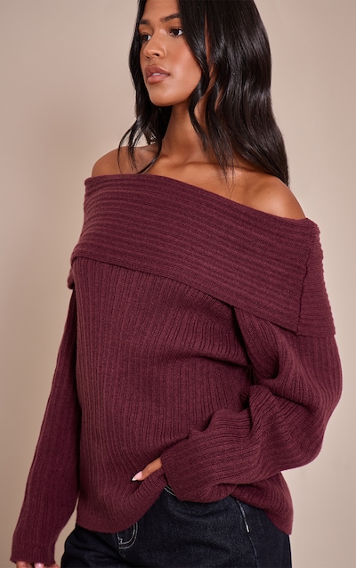 Tall Burgundy Off The Shoulder Knit Long Sleeve Top