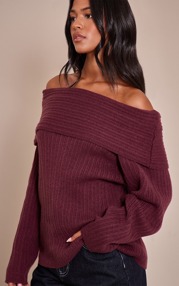 Tall Top en maille tricot bordeaux à épaules dénudées et manches longues