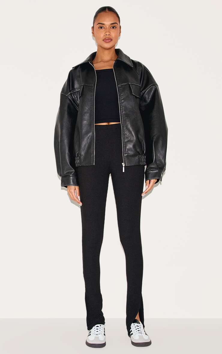 Black Textured Ribbed Split Hem Leggings image 2