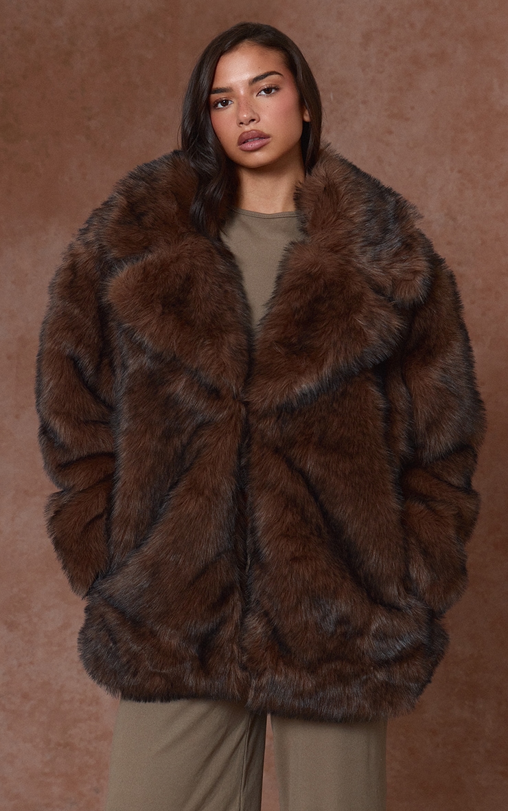Brown Oversized Midi Faux Fur Coat image 1