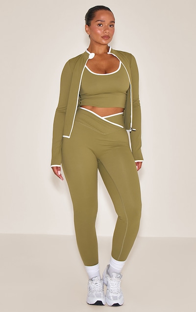 Shape Legging de sport kaki à taille croisée et lisérés contrastants