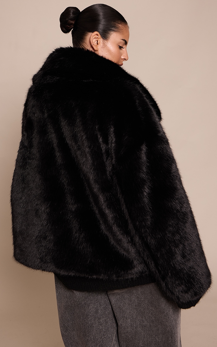 Plus Black Faux Fur Short Shawl Collar Coat image 2