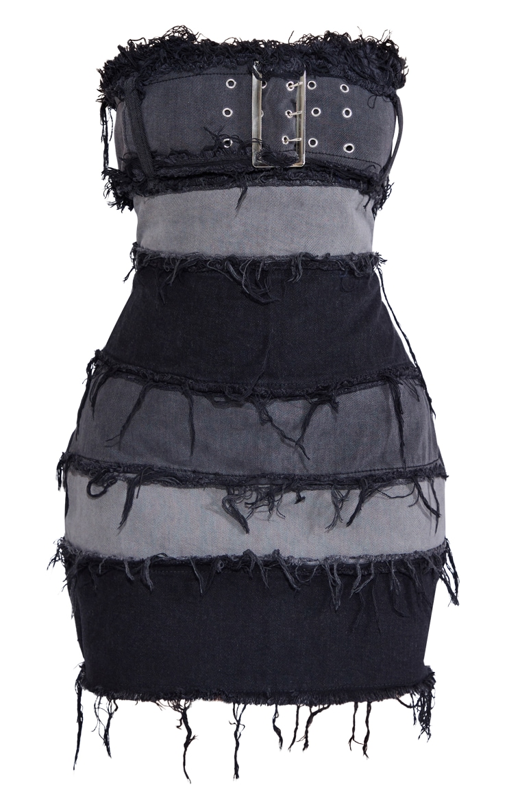 Petite Washed Black Distressed Panel Belted Denim Dress image 5