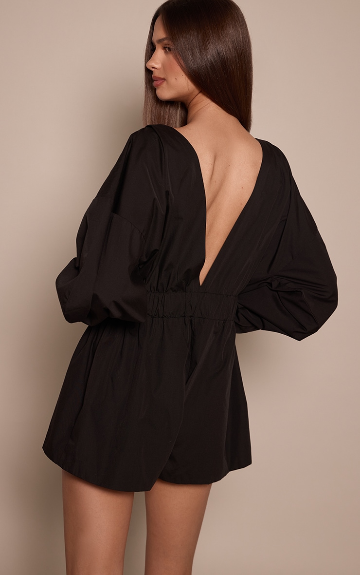 Black Cotton Plunge Shirt Romper image 2