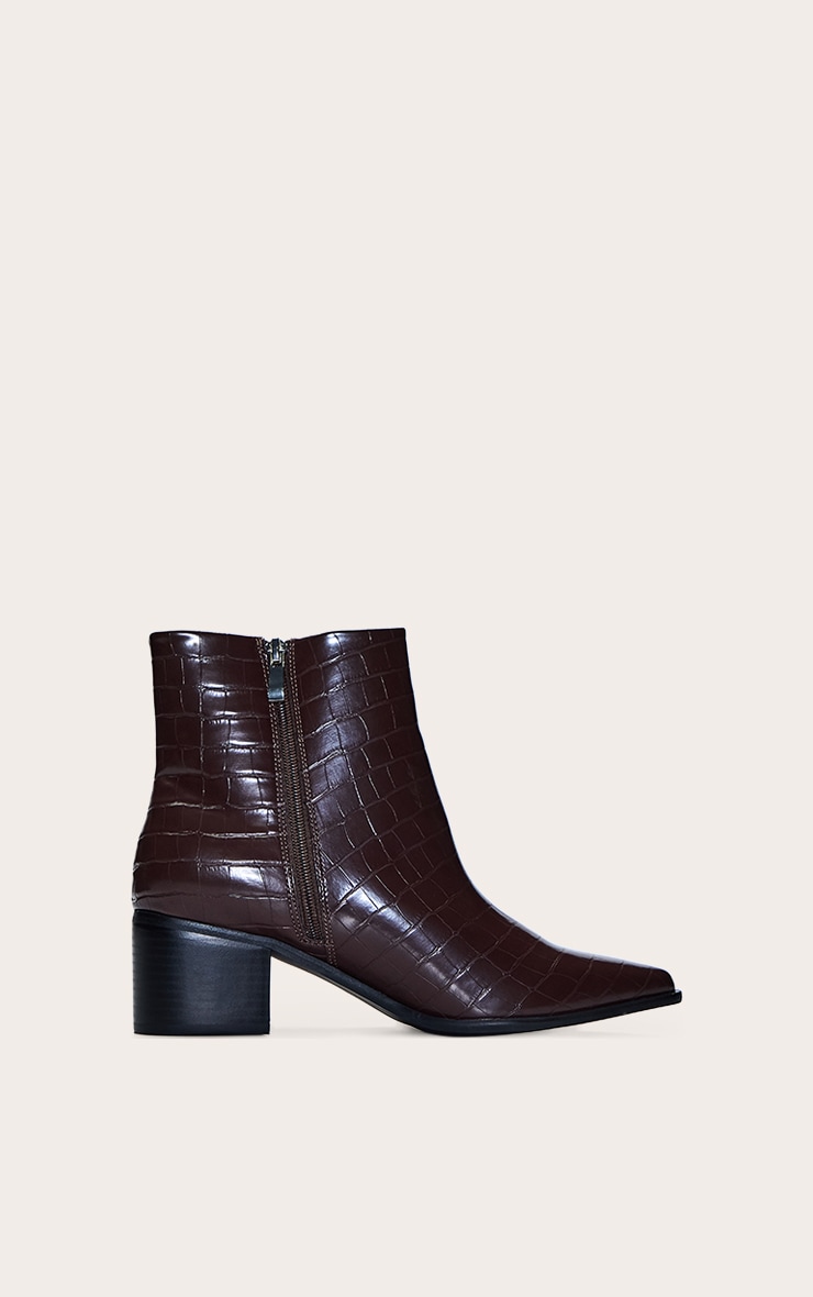 Chocolate Croc Pointed Toe Block Heel Ankle Boot image 2