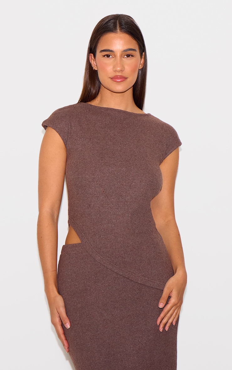 PrettyLittleThing.com Chocolate Brown Brushed Rib Asymmetrical Cap Sleeve Long Top