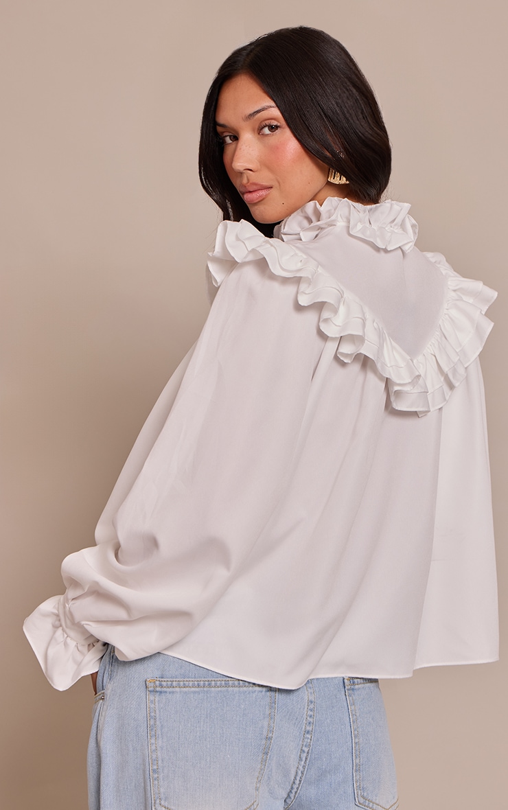 White High Neck Cotton Frill Detail Long Sleeve Shirt image 2