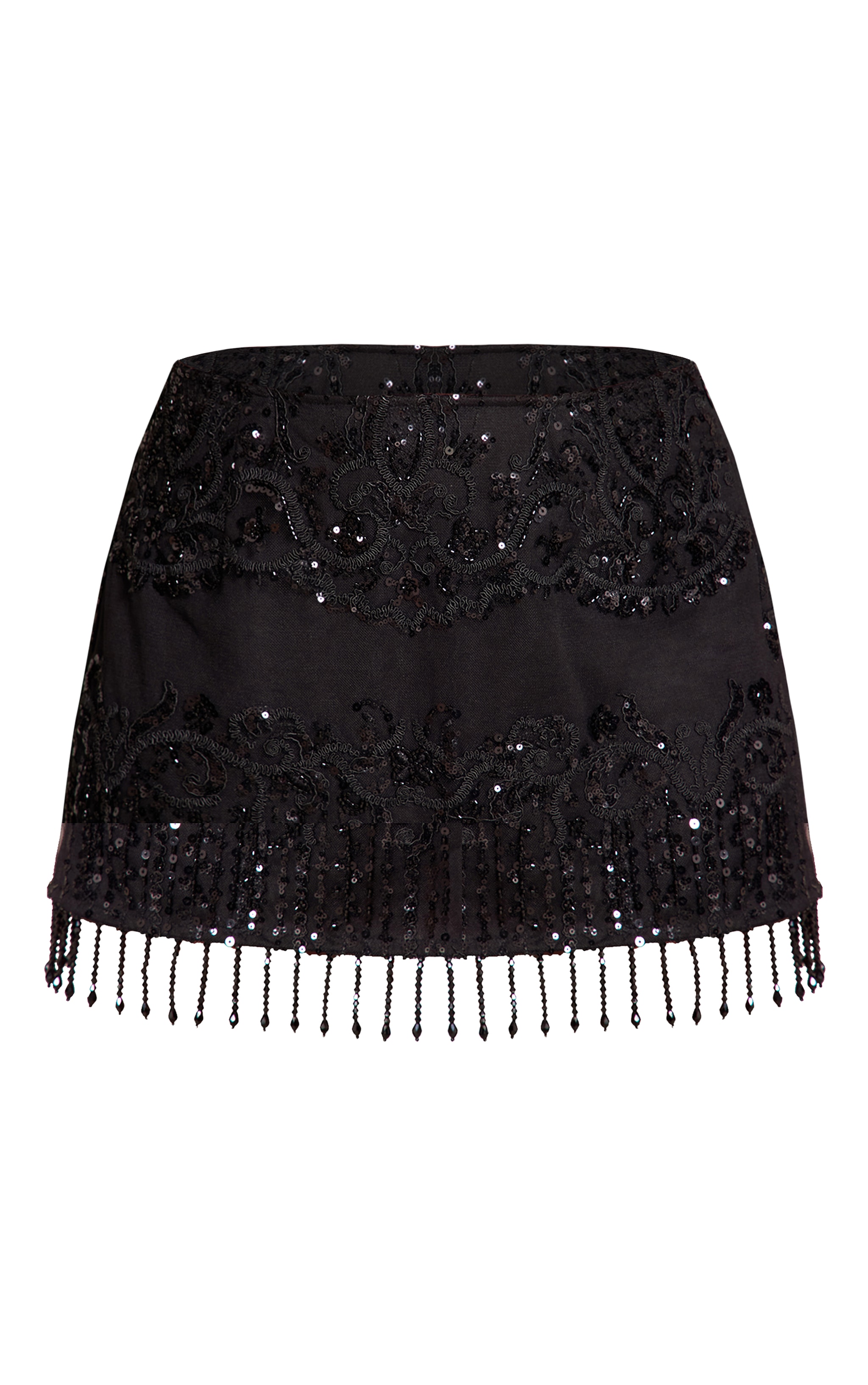 Shape Black Ornate Embellished Beaded Fringe Hem Skirt Shape