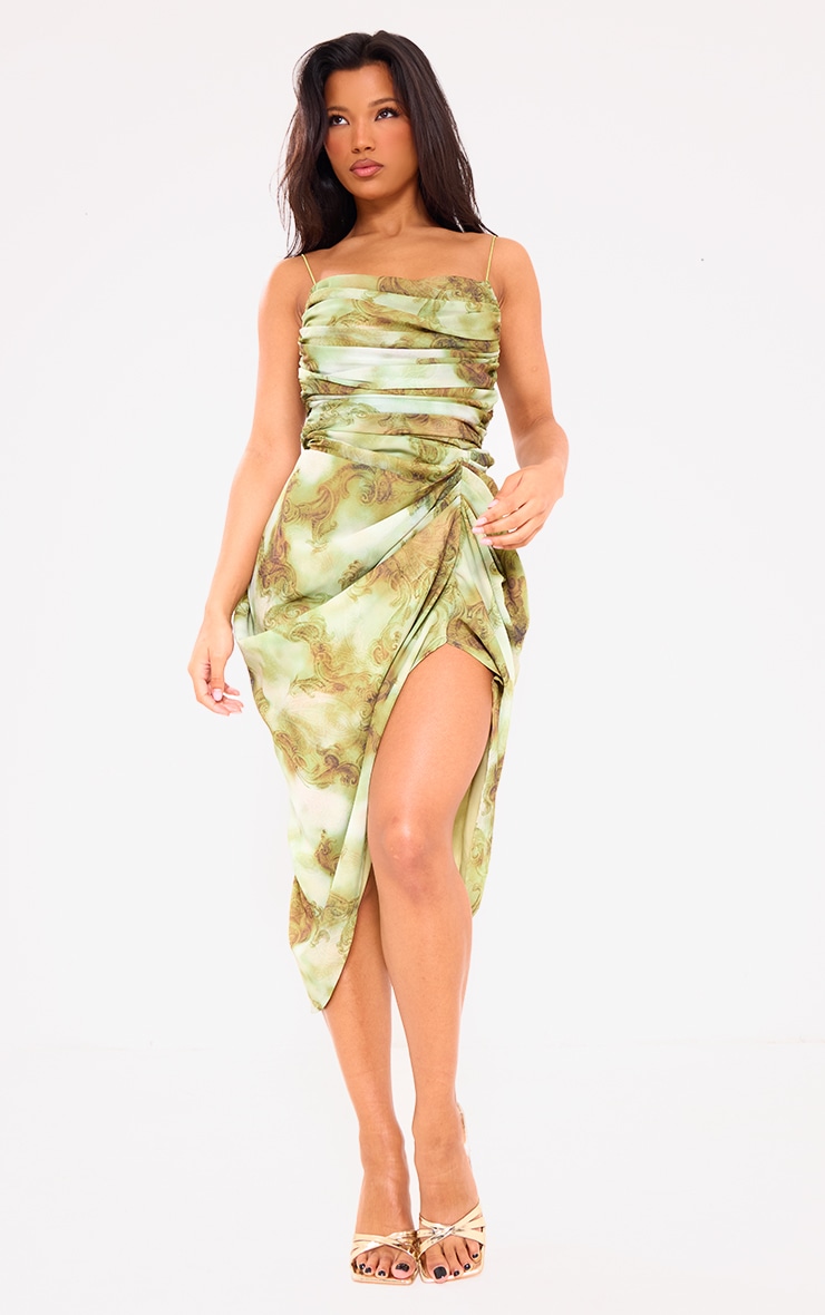 Green Print Chiffon Ruched Drape Midi Dress image 3