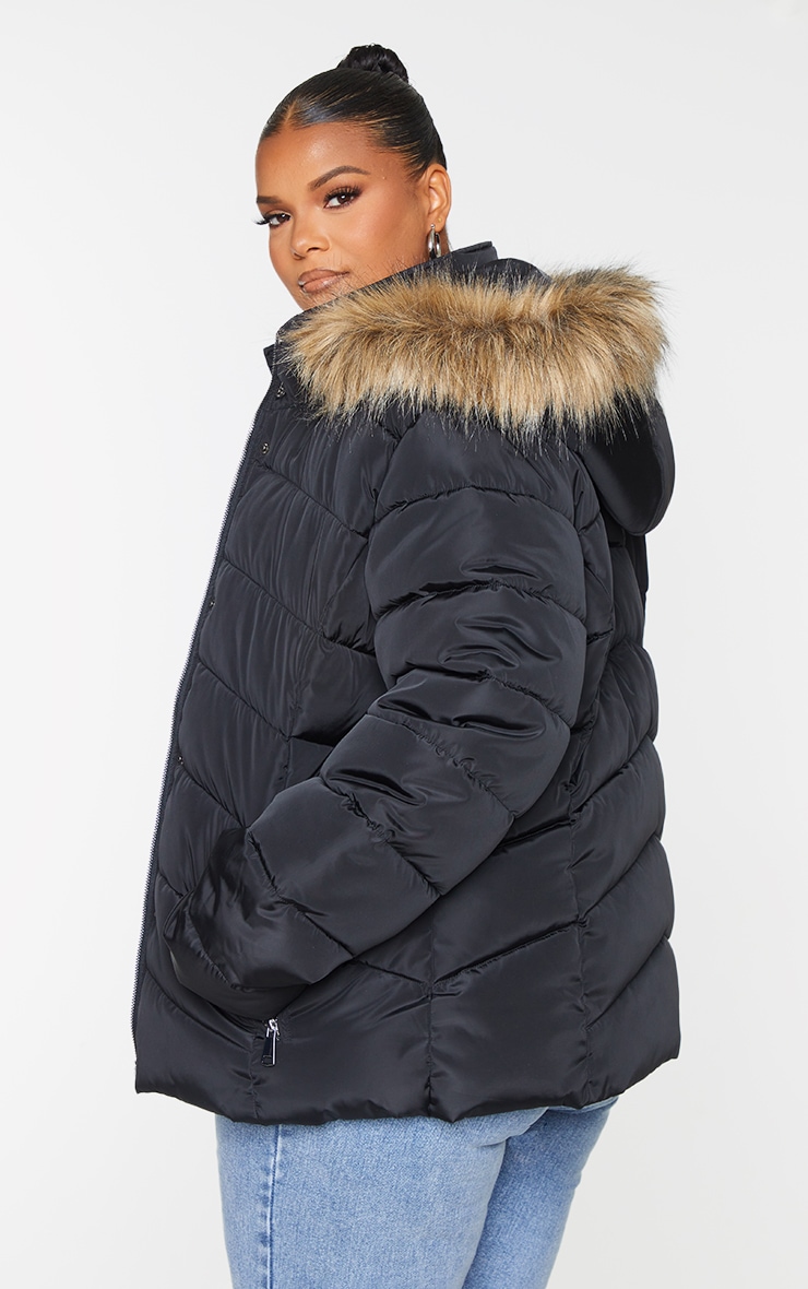 Plus Black Quilted Mara Faux Fur Hooded Puffer Jacket image 2