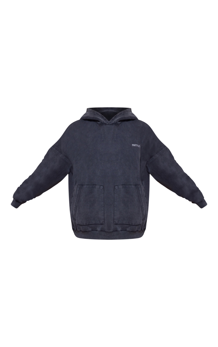 PRETTYLITTLETHING Charcoal Embroidered Double Pocket Hoodie image 5