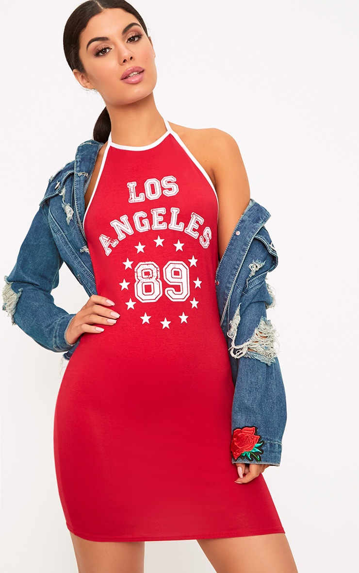 Red Los Angeles Strappy Halter Bodycon Dress PrettyLittleThing KSA