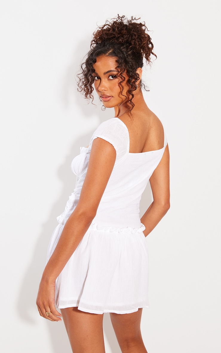 White Textured Ruched Puff Sleeve Bodycon Dress image 2