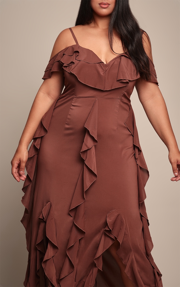 Plus Chocolate Cold Shoulder Ruffle Detail Strappy Maxi Dress image 4