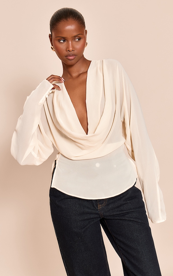 Cream Chiffon Cowl Neck Long Sleeve Blouse