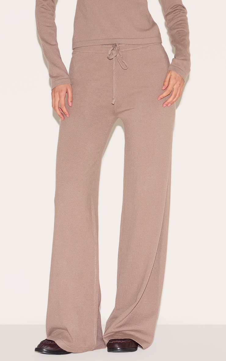 Deep Taupe Soft Knit Drawstring Waist Wide Leg Pants image 2