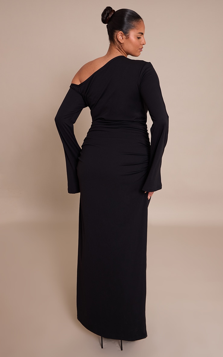 Plus Black Sculpt Bardot Ruched Side Long Sleeve Maxi Dress image 2