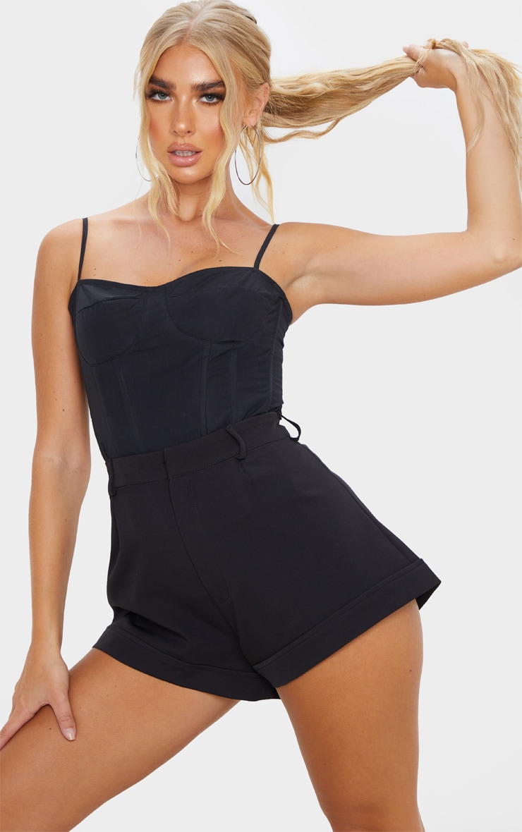 Black Woven Turn Up Hem Structured Short