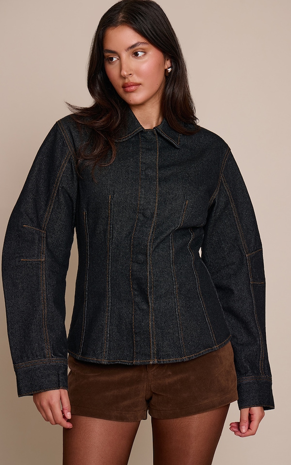 Raw Indigo Balloon Sleeve Cinched Denim Shirt