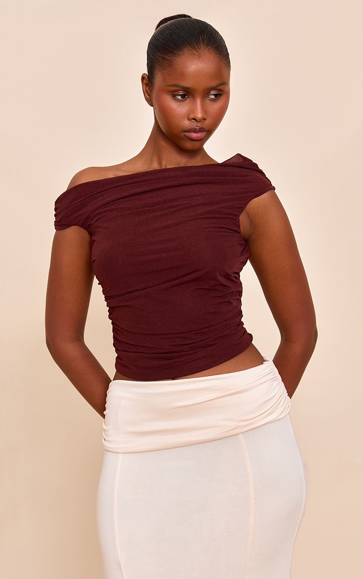 Chocolate Stretch Chiffon Ruched Detail Long Top image 1