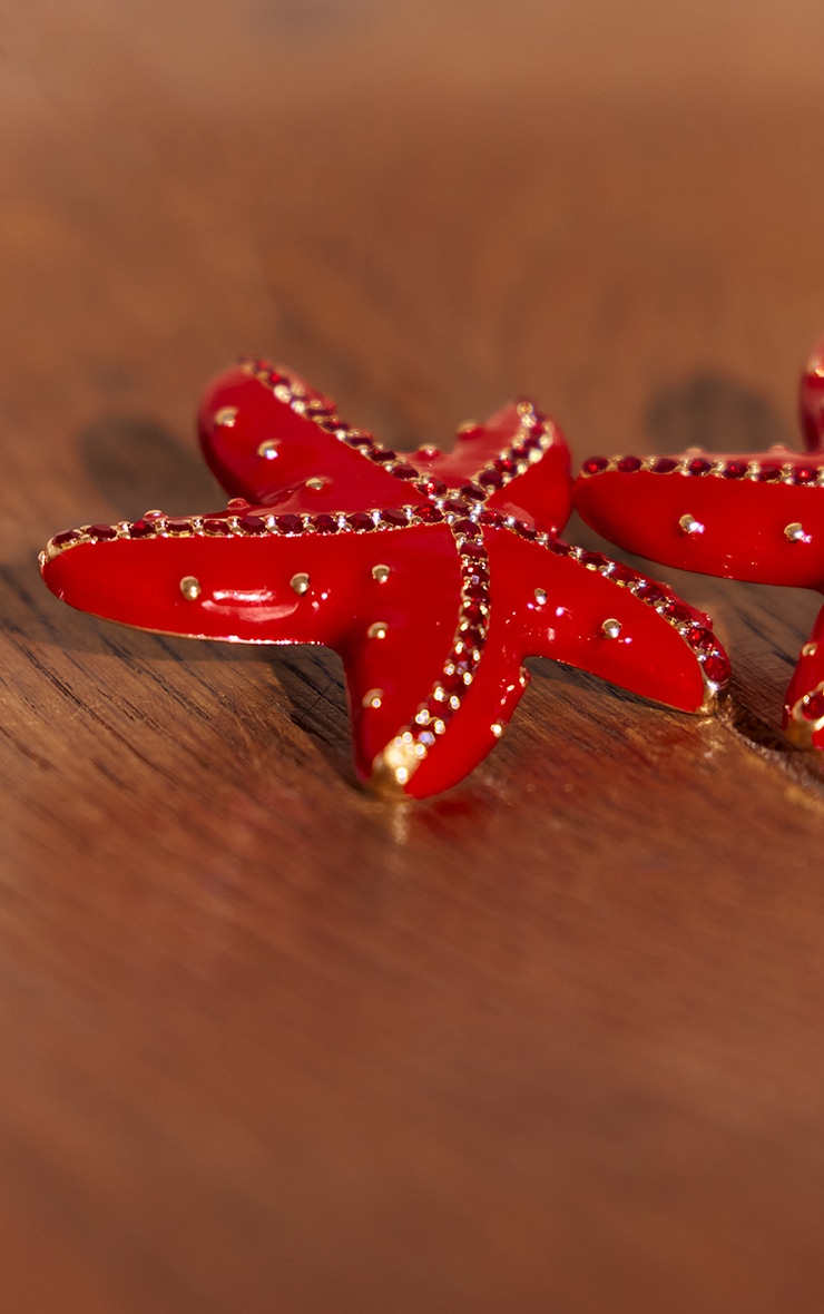 Red Beaded Starfish Detail Statement Earrings image 3