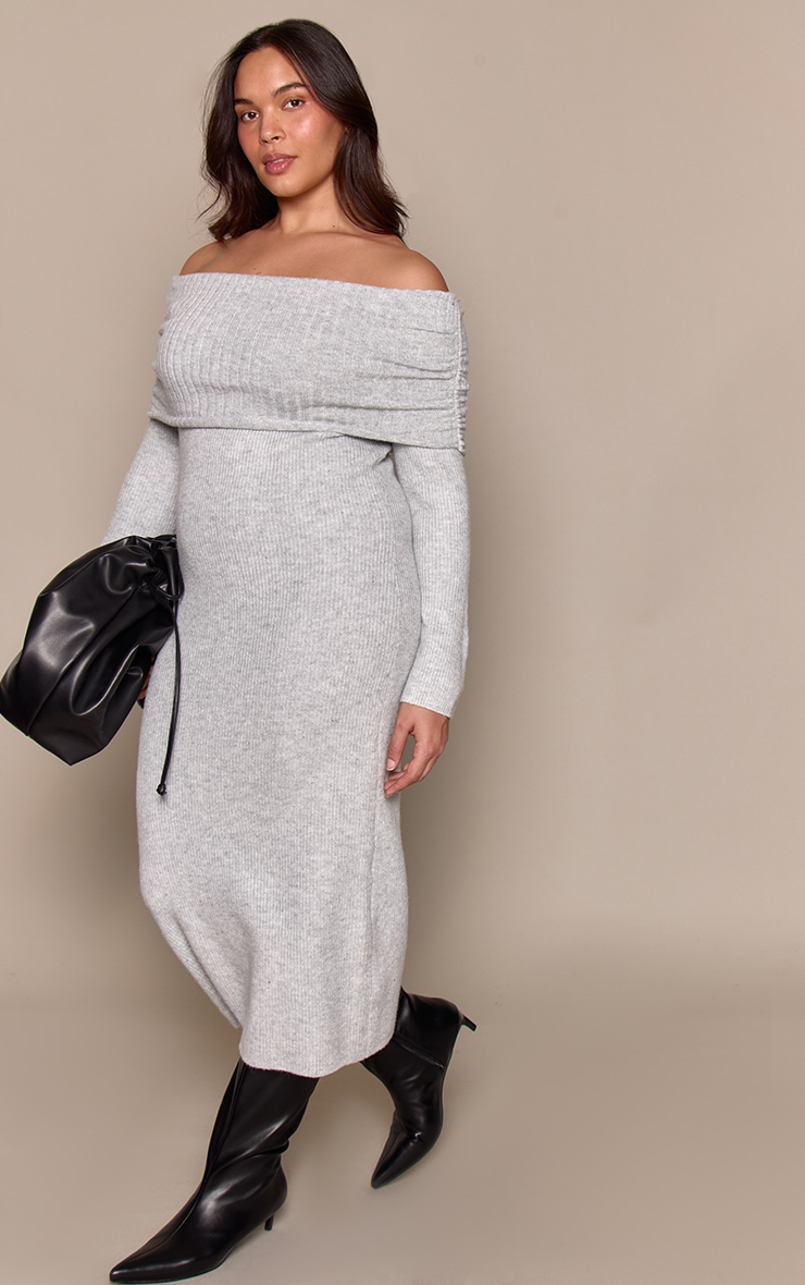 Plus Grey Foldover Bardot Knitted Sweater Dress image 3