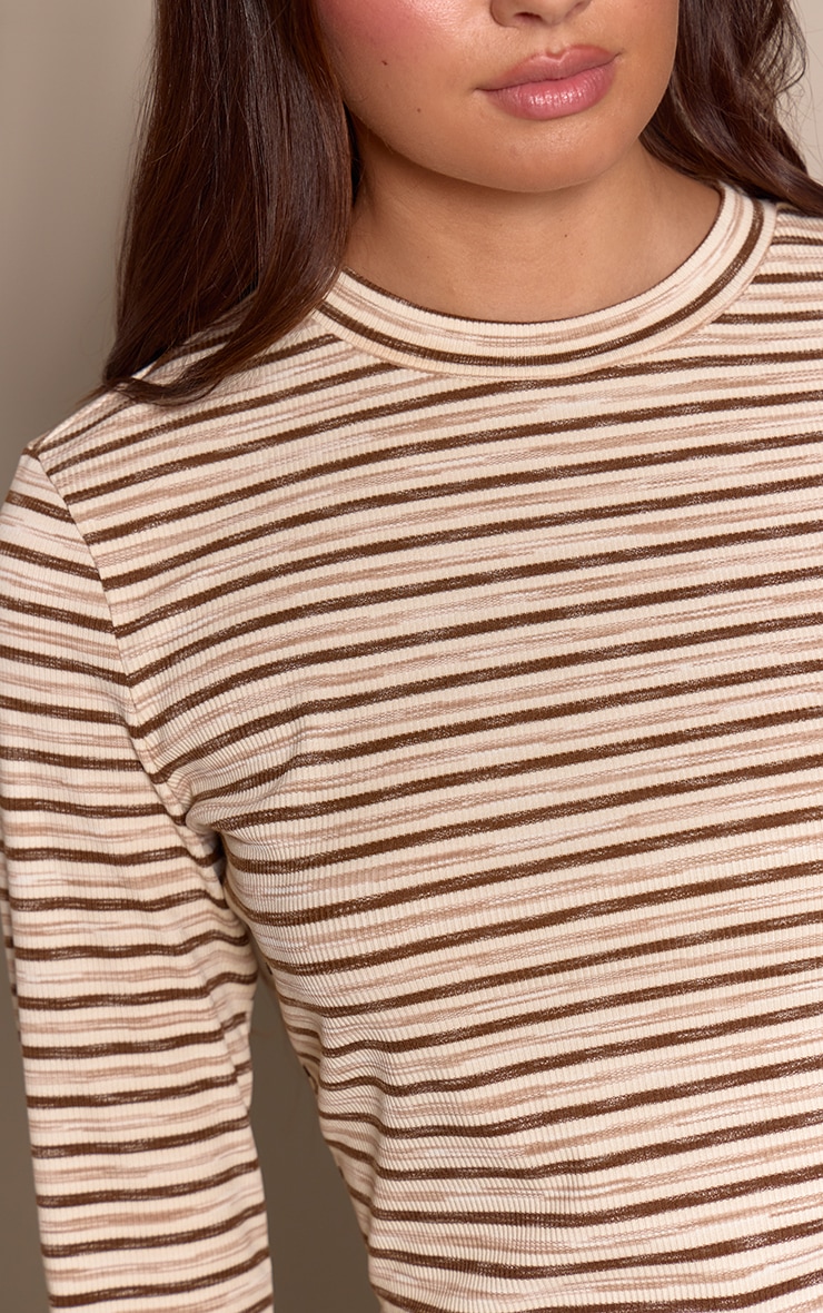 Light Brown  Soft Rib Striped Detail  Fitted Long Sleeve Top  image 4