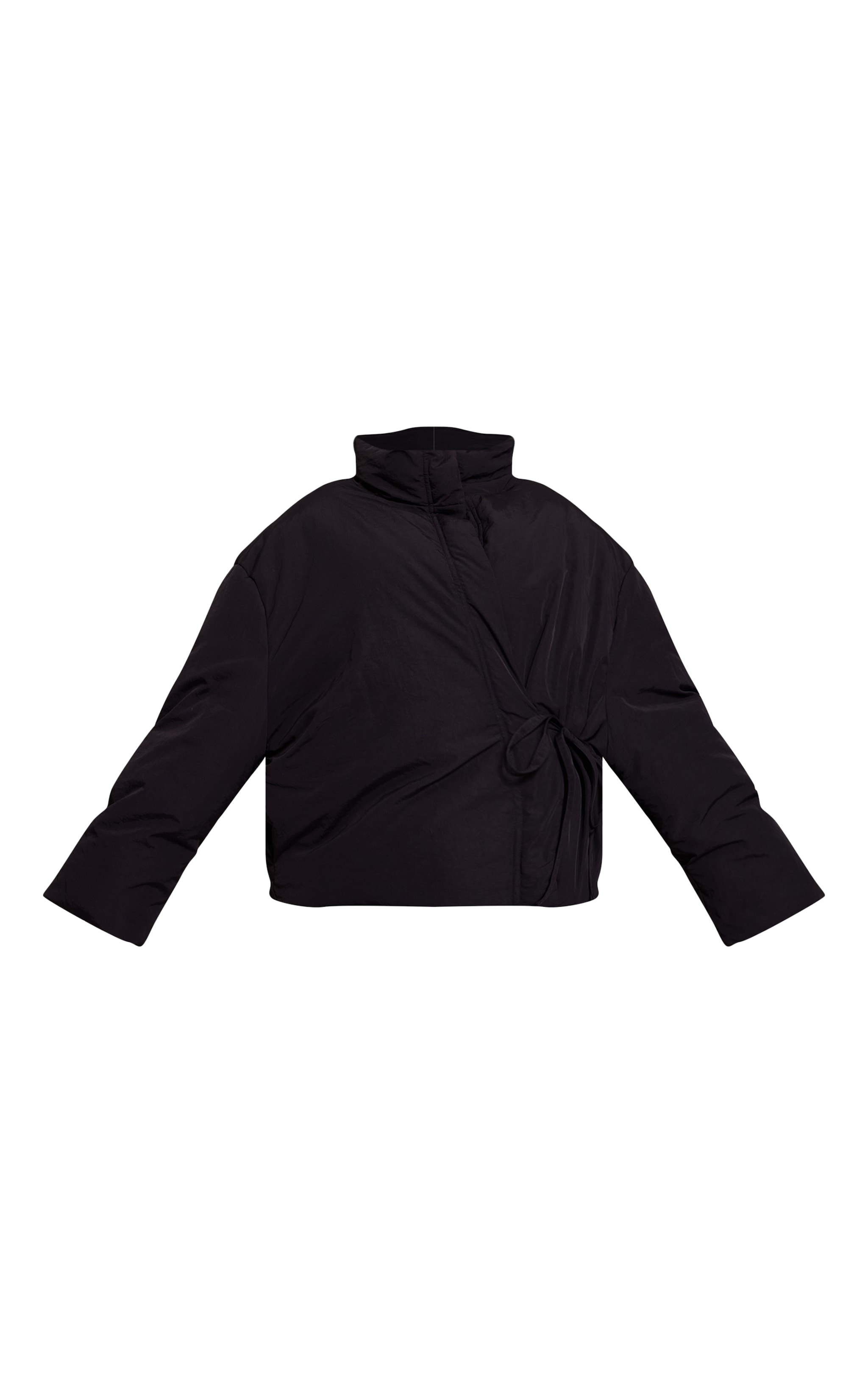 Plus Black High Neck Tie Waist Quilted Jacket image 5