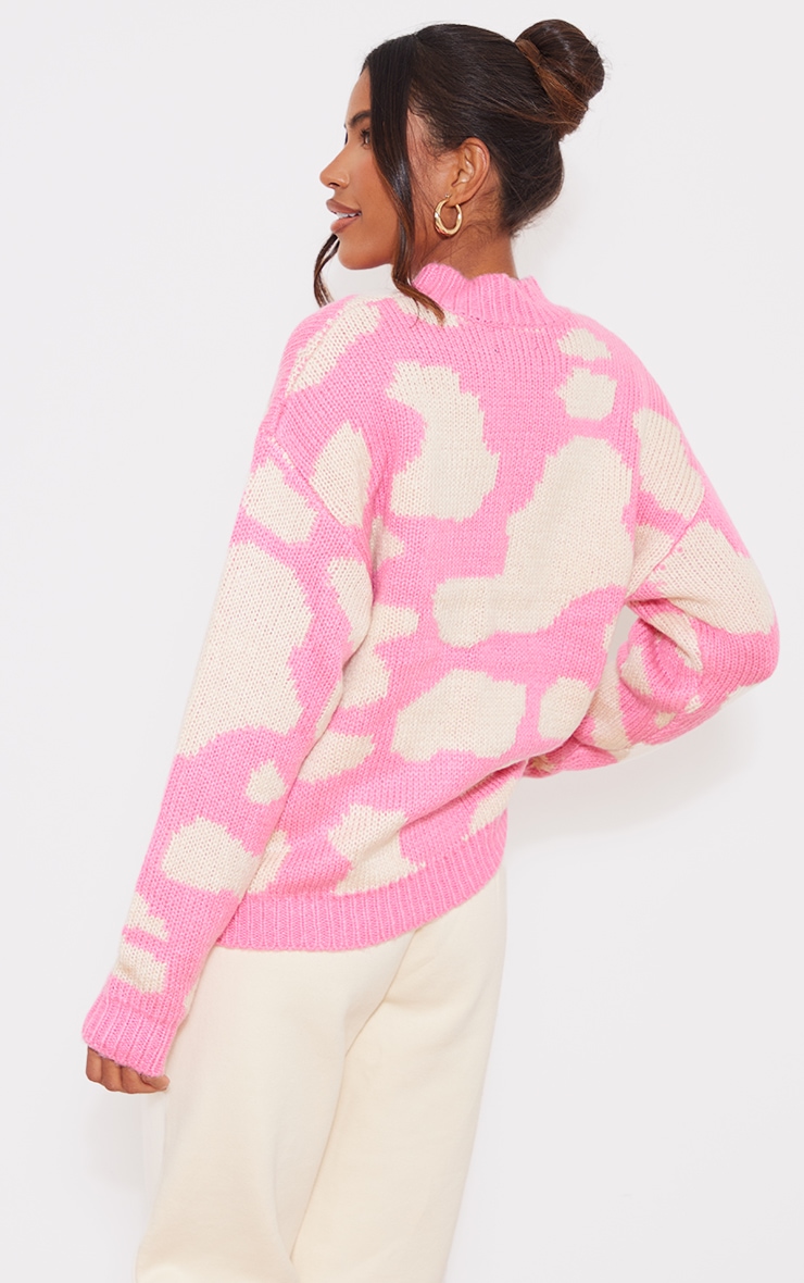 Pull oversize en maille tricot rose imprimé vache image 2