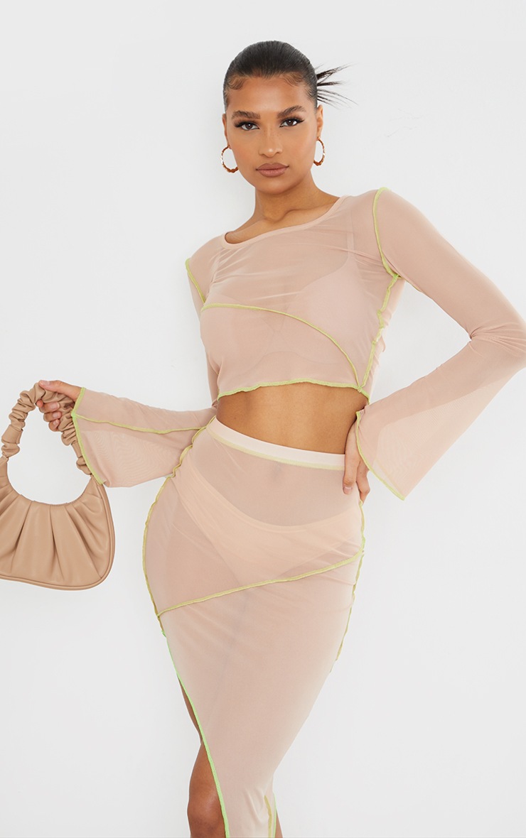 Stone Sheer Mesh Contrast Stitch Detail Long Sleeve Top