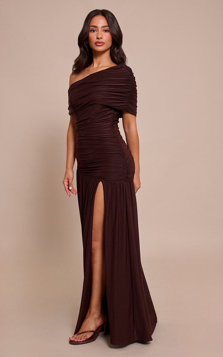 Petite Chocolate Asymmetric Side Split Bardot Maxi Dress image 3