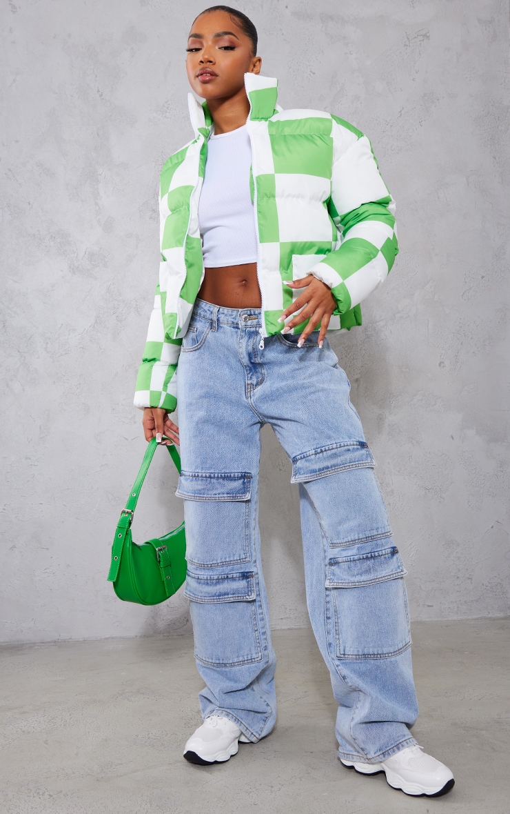 Bright Green Checkerboard Print Puffer Coat