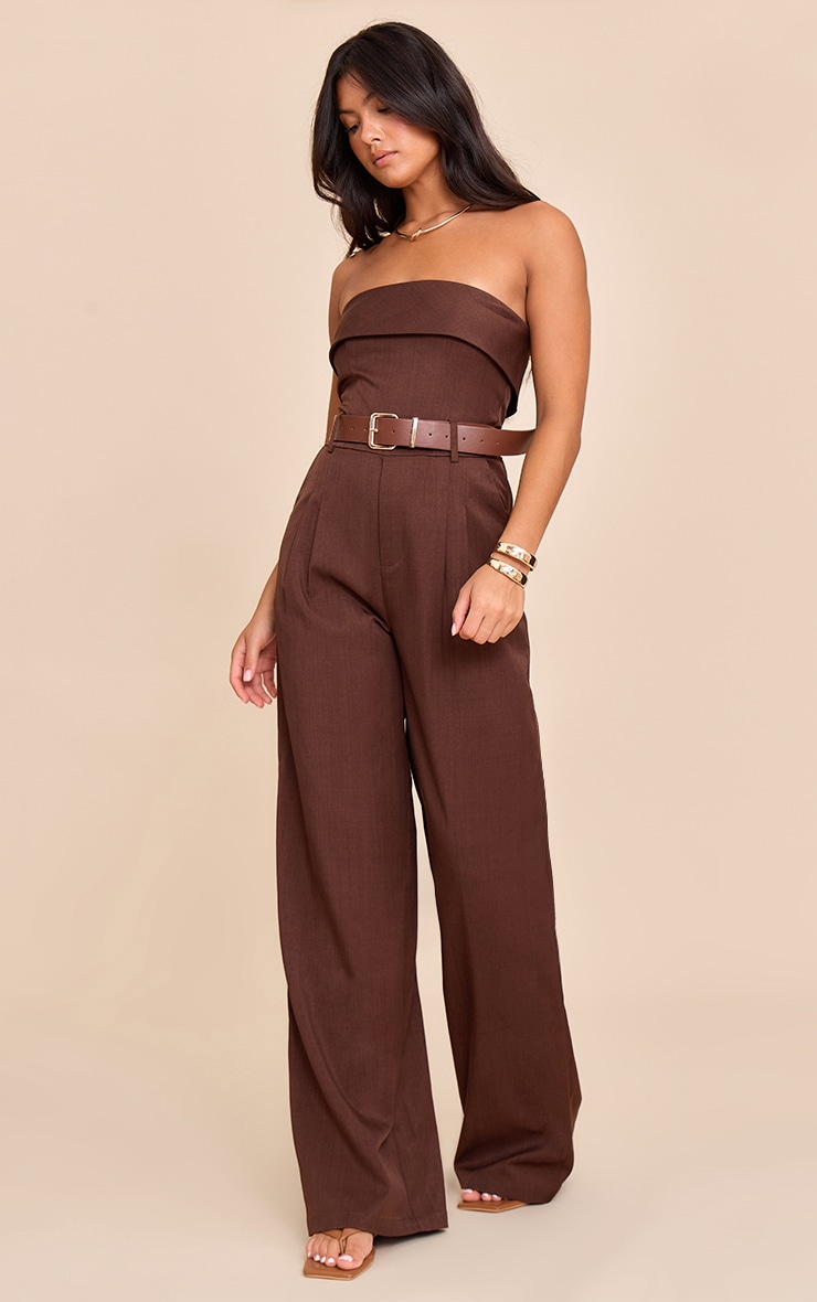 Chocolate Woven Bandeau Belted Wide Leg Jumpsuit image 3